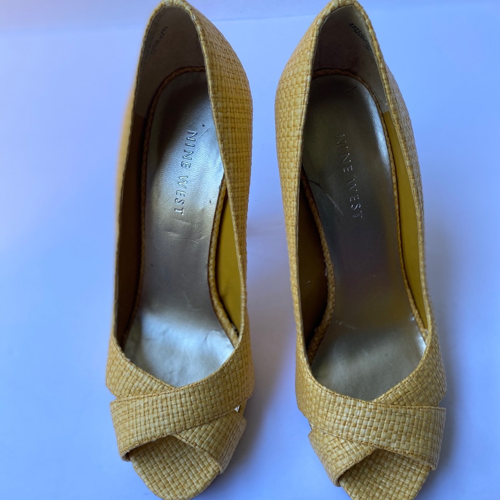 Nine West yellow woven cork peep toe sandals!